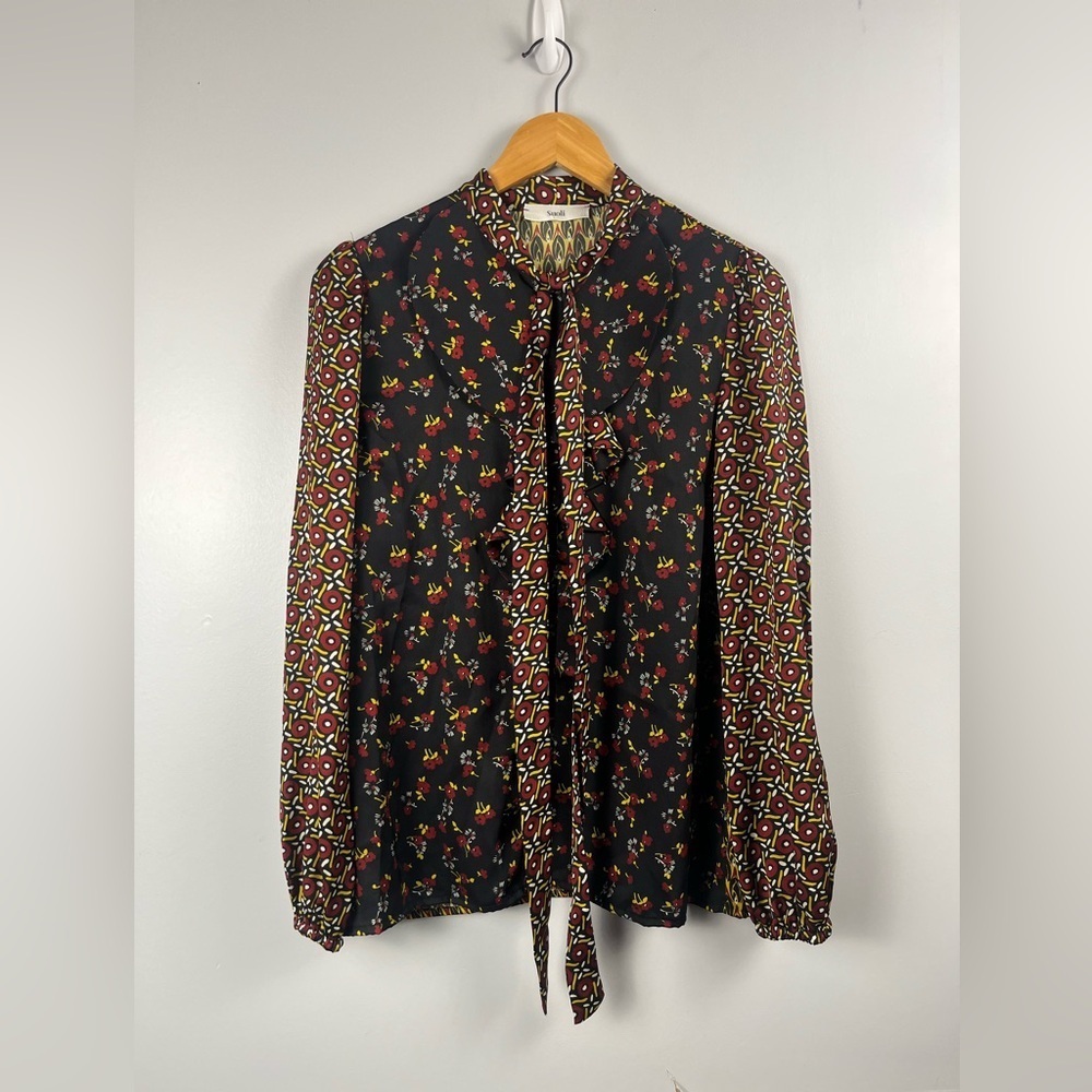 Suoli button down neck tie ruffle multi print blouse black red yellow size 42